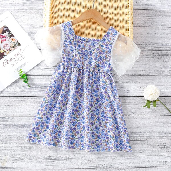 

Toddler Girls Contrast Dobby Mesh Sleeve Ditsy Floral A-line Dress, Multicolor