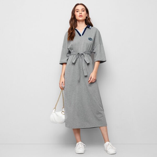 

Contrast V-collar Drop Shoulder Patched Detail Belted Dress, Grey