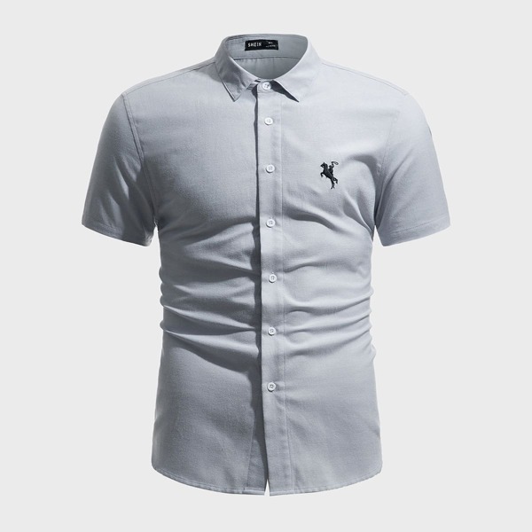 

Men Collared Graphic Embroidery Shirt, Light grey