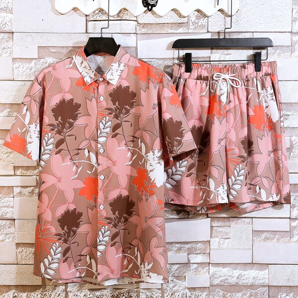 

Men Floral Print Shirt & Drawstring Waist Shorts, Multicolor