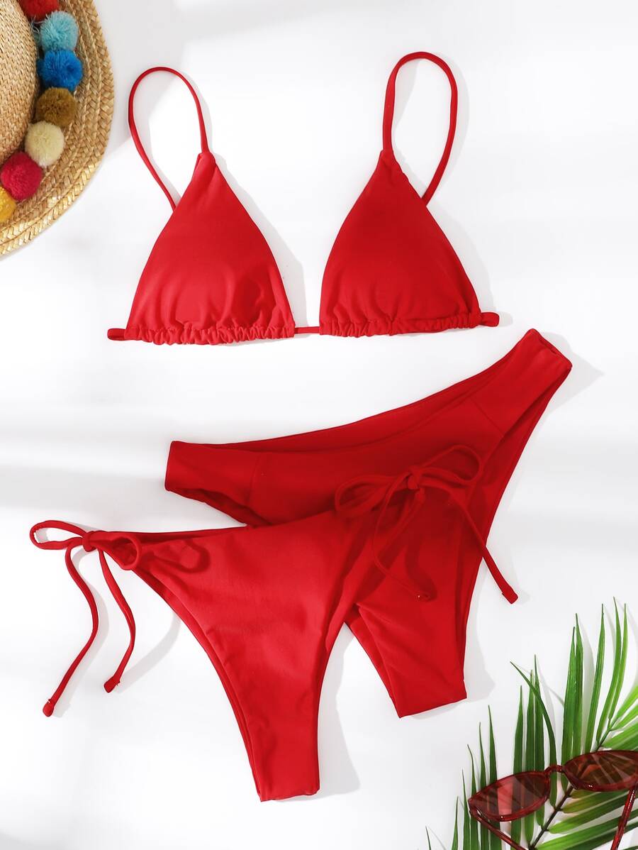 Swim Vcay Summer Beach 3packs Triangle Tie Side Bikini Set - Red - View 1