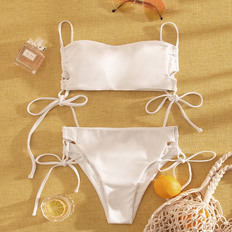 

Tie Side Bandeau Bikini Swimsuit, White