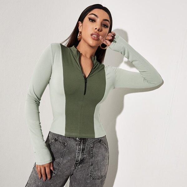 

Color Block Zipper Half Placket Rib-knit Tee, Mint green