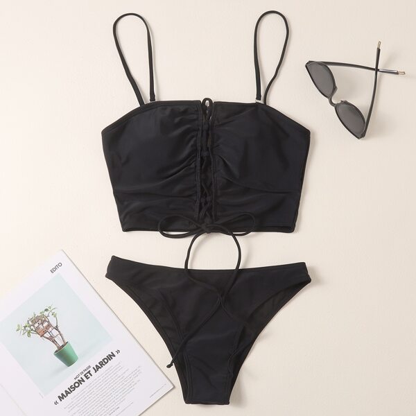 

Lace-up Front Bikini Swimsuit, Black