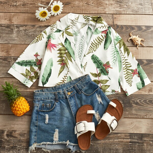 

Tropical Print Lapel Collar Blouse, Multicolor