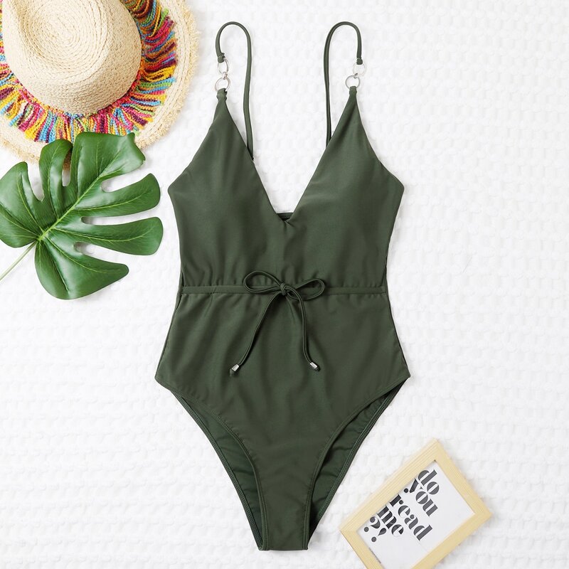 

Ring Linked Knot Front One Piece Swimsuit, Green