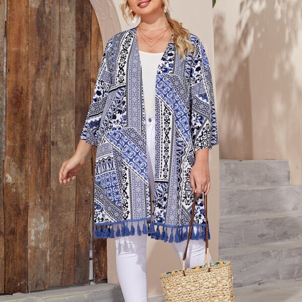

Plus Open Front Tassel Hem Scarf Print Kimono, Multicolor