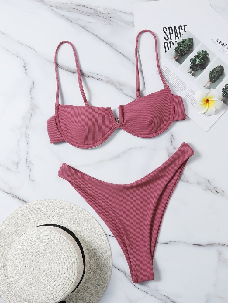 Rib V Wired Underwire Bikini Set Summer Beach - Dusty Pink - View 5