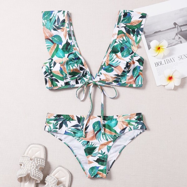 

Tropical Ruffle Trim Bikini Swimsuit, Multicolor