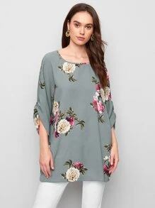SHEIN Ruched Batwing Sleeve Floral Print Top - Grey - View 1
