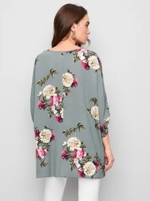SHEIN Ruched Batwing Sleeve Floral Print Top - Grey - View 2