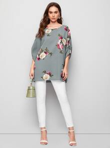 SHEIN Ruched Batwing Sleeve Floral Print Top - Grey - View 3