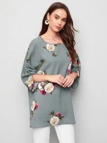 SHEIN Ruched Batwing Sleeve Floral Print Top - Grey - View 4