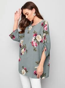 SHEIN Ruched Batwing Sleeve Floral Print Top - Grey - View 5