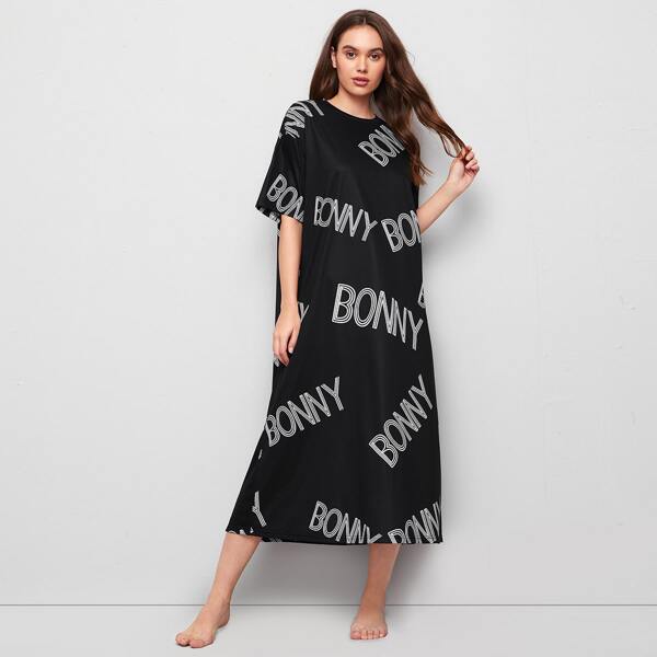 

Drop Shoulder Letter Graphic Nightdress, Black