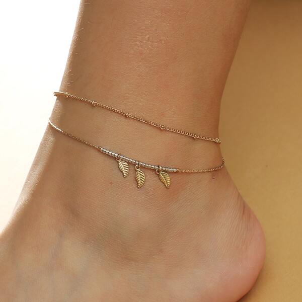 

Girls Leaf Charm Layered Anklet, Gold