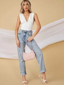 SHEIN Ruched Plunge Neck Drop Armhole Bodysuit - White - View 5