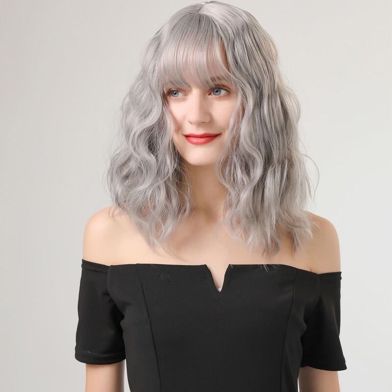 

Natural Curly Wig With Bangs, Light grey