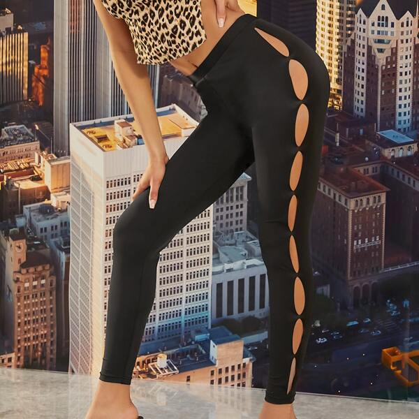 

Solid Cutout High-Rise Leggings, Black
