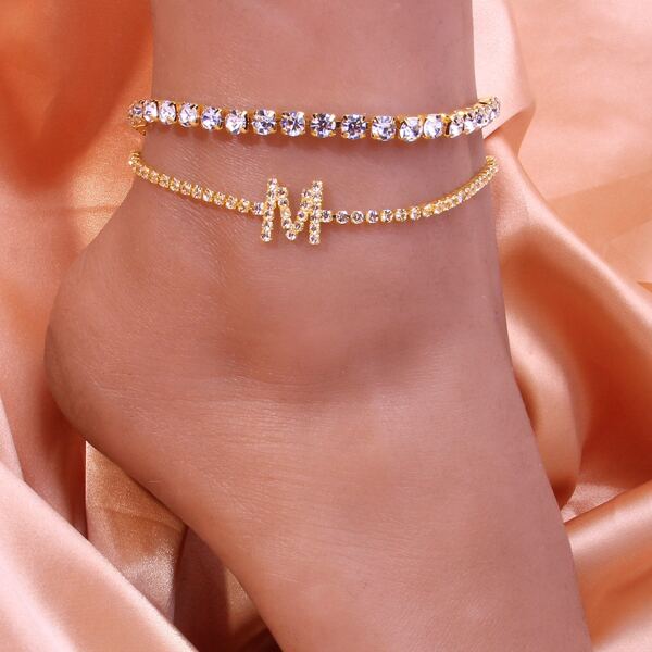 

2pcs Rhinestone Letter Decor Anklet, Gold