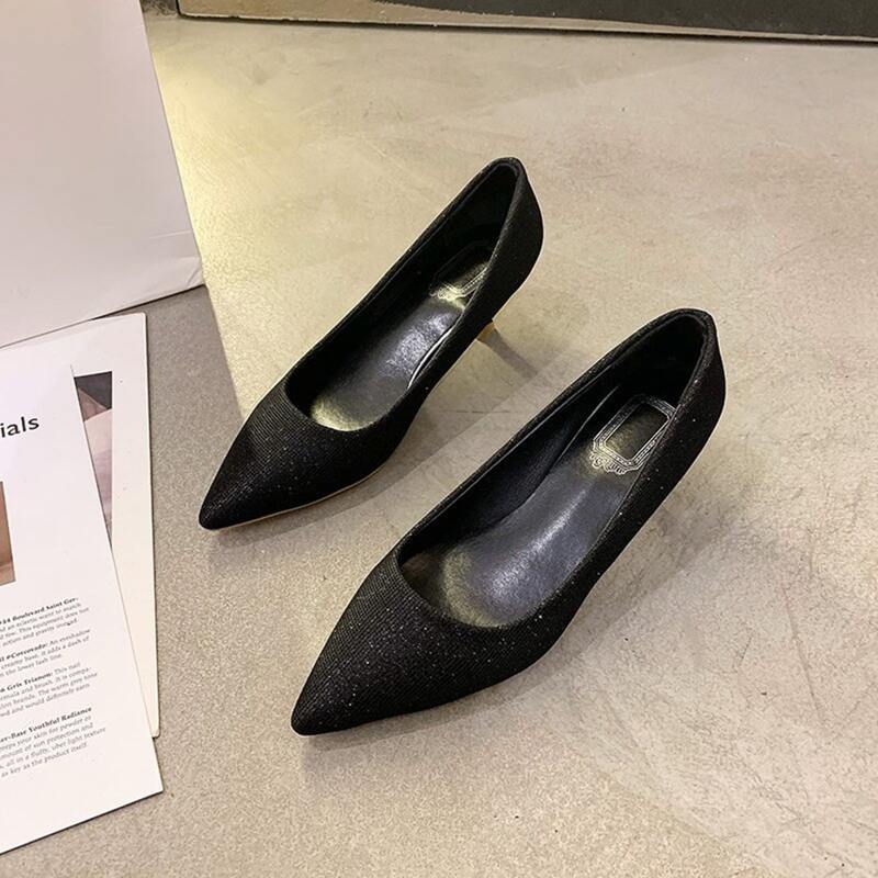 

Glitter Point Toe Kitten Heeled Pumps, Black