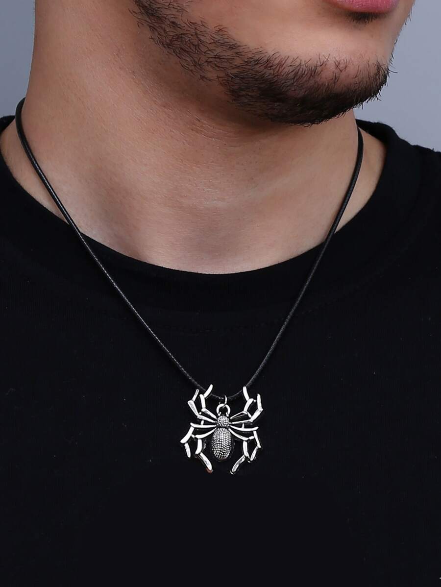 Men Spider Charm Necklace - Silver - View 1