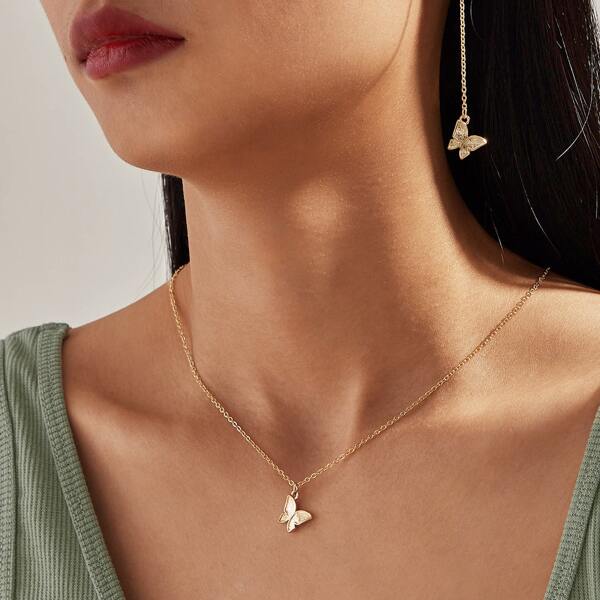 

Butterfly Charm Necklace & Earrings, Gold
