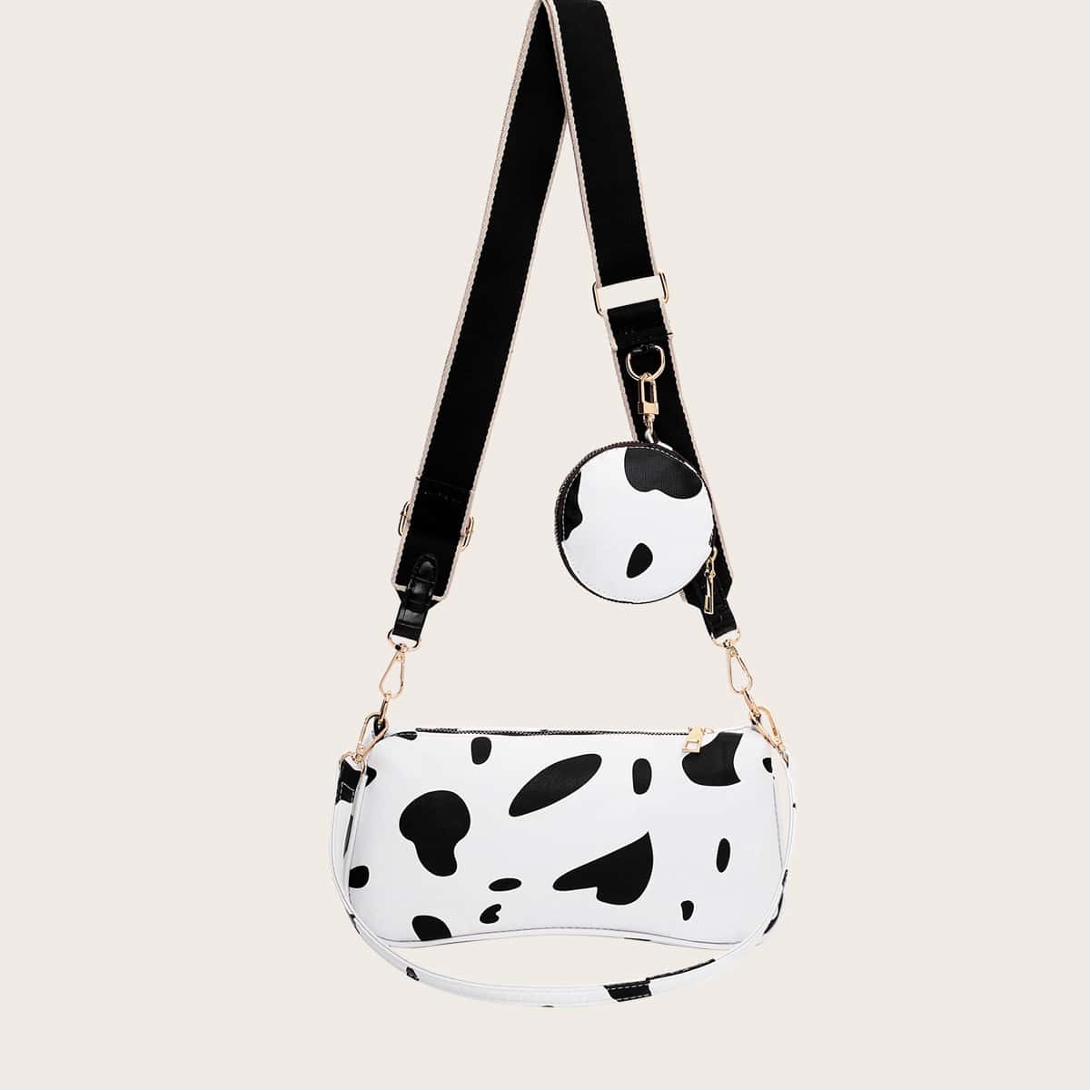 

Cow Pattern Shoulder Bag With Pocket, Black and white