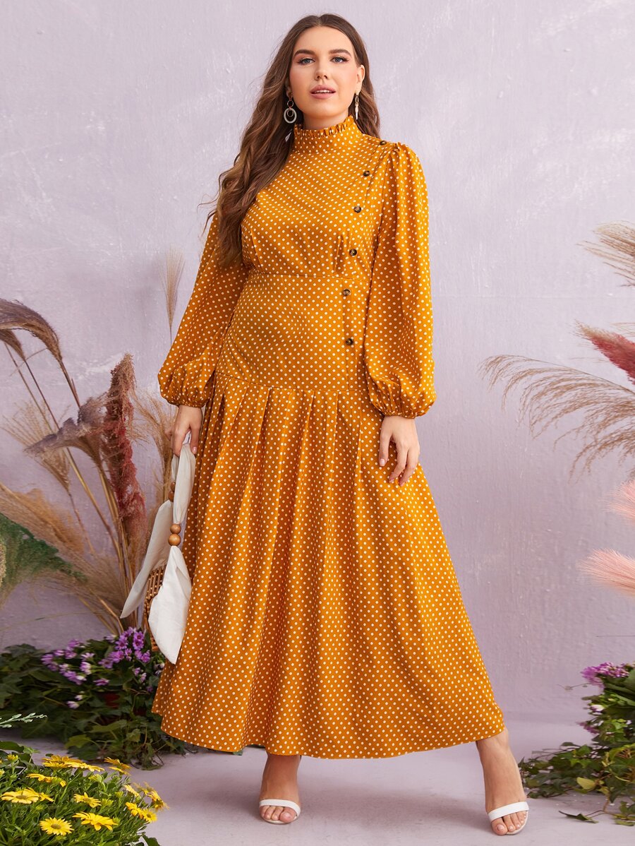 SHEIN Unity Plus Frilled Neck Lantern Sleeve Polka Dot Dress - Mustard Yellow - View 1