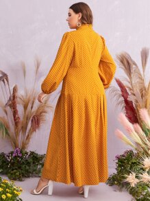 SHEIN Unity Plus Frilled Neck Lantern Sleeve Polka Dot Dress - Mustard Yellow - View 2