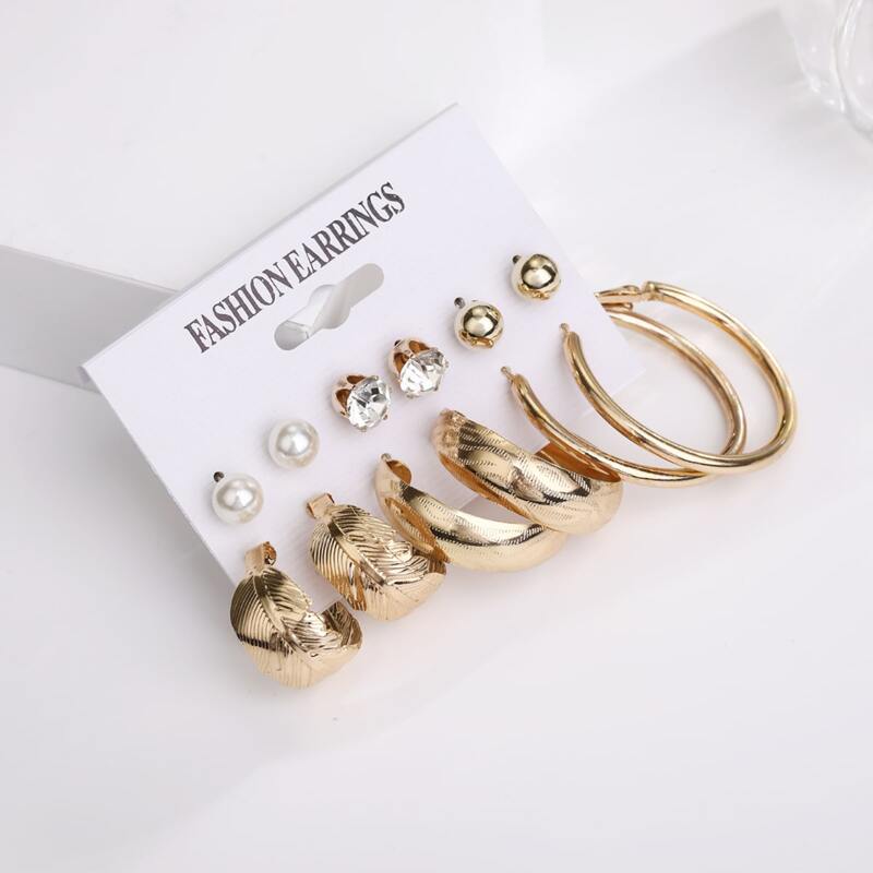 

6pairs Rhinestone Earrings Set, Gold