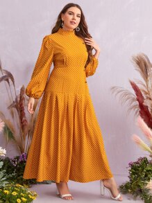 SHEIN Unity Plus Frilled Neck Lantern Sleeve Polka Dot Dress - Mustard Yellow - View 3
