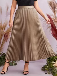 SHEIN Clasi Plus Solid Pleated Skirt - Khaki - View 2