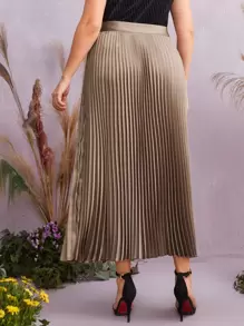 SHEIN Clasi Plus Solid Pleated Skirt - Khaki - View 3