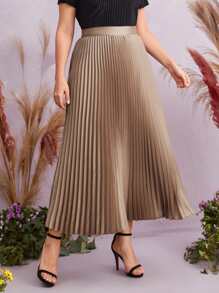 SHEIN Clasi Plus Solid Pleated Skirt - Khaki - View 1
