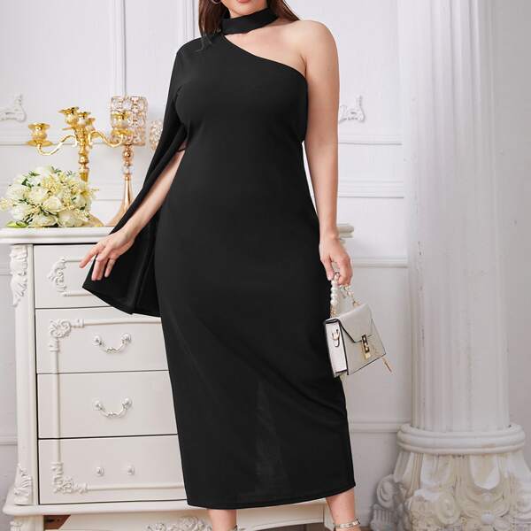 

Plus One Shoulder Split Sleeve Split Back Dress, Black