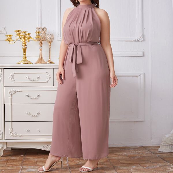 

Plus Self Belted Solid Jumpsuit, Dusty pink