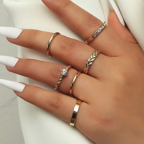 

6pcs Rhinestone Decor Ring, Gold