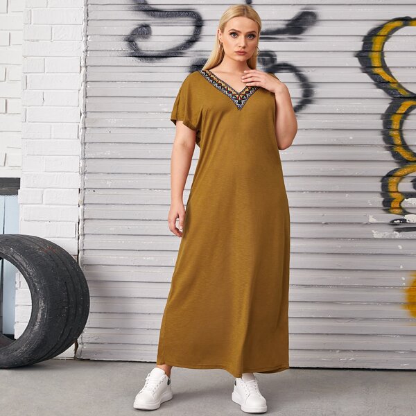 

Plus Contrast Tape Trim Dress, Mustard yellow