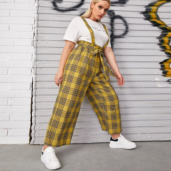 

Plus Paperbag Waist Tartan Pinafore Jumpsuit, Multicolor