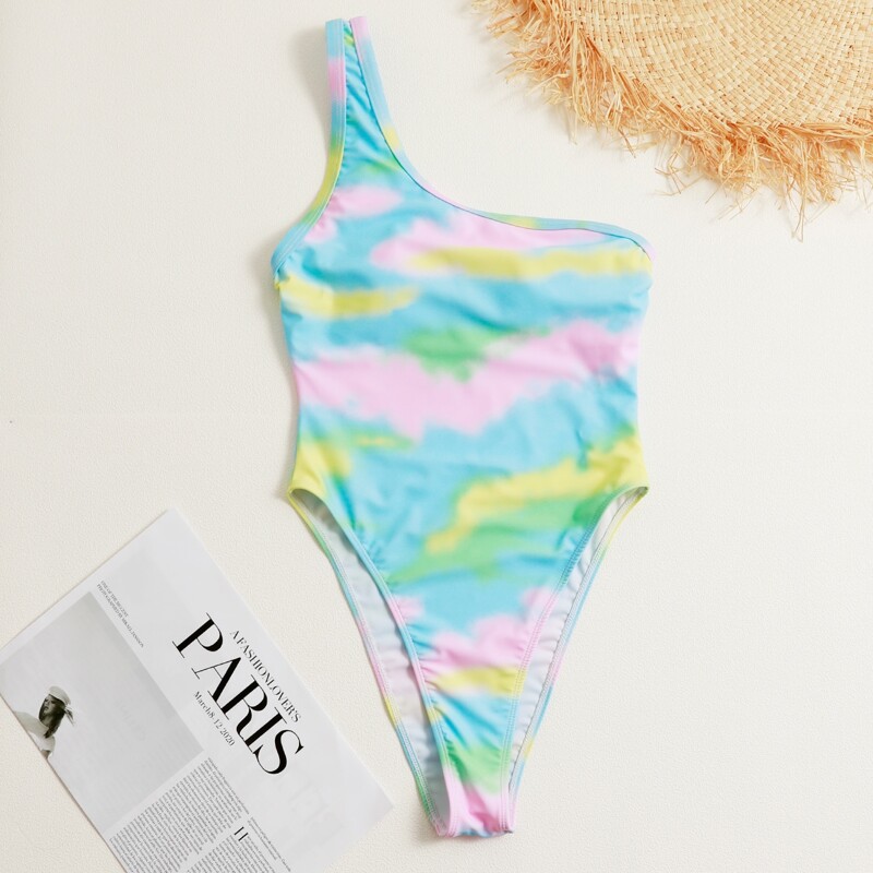 

One Shoulder Tie Dye Monokini Swimsuit, Multicolor
