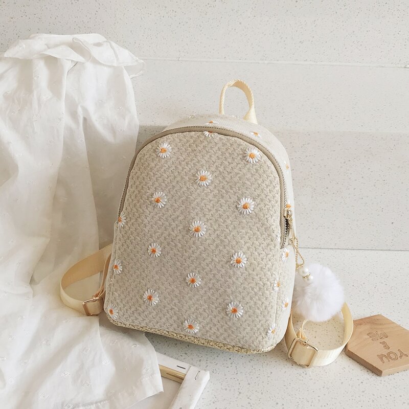 

Daisy Embroidered Woven Backpack, Beige