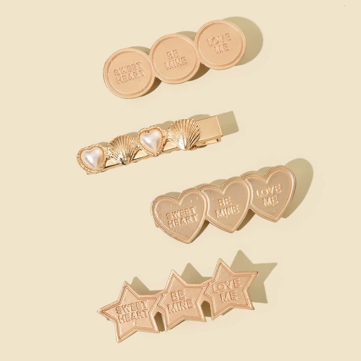 

4pcs Heart Letter Hair Clip, Gold