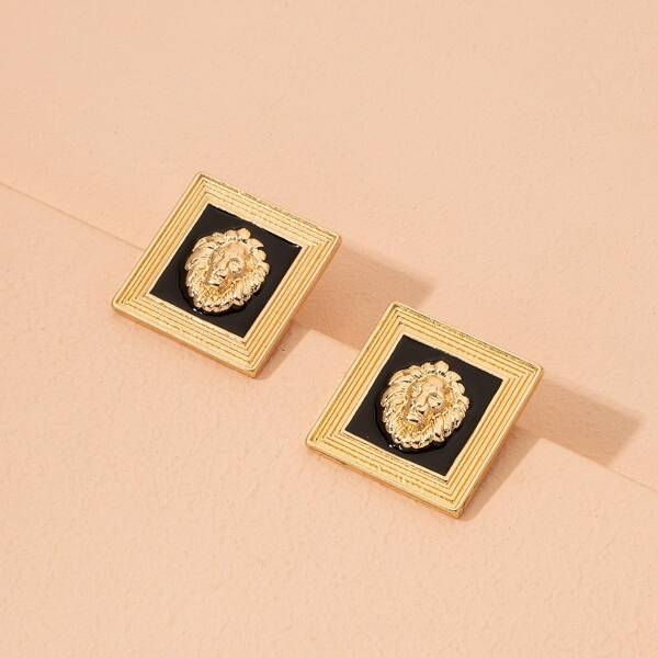 

Lion Decor Square Design Stud Earrings, Gold