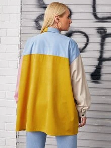 SHEIN Unity Plus Collared Flap Pocket Front Colorblock Cord Blouse - Multicolor - View 2