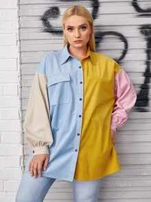 SHEIN Unity Plus Collared Flap Pocket Front Colorblock Cord Blouse - Multicolor - View 4
