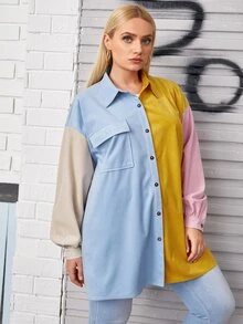 SHEIN Unity Plus Collared Flap Pocket Front Colorblock Cord Blouse - Multicolor - View 5