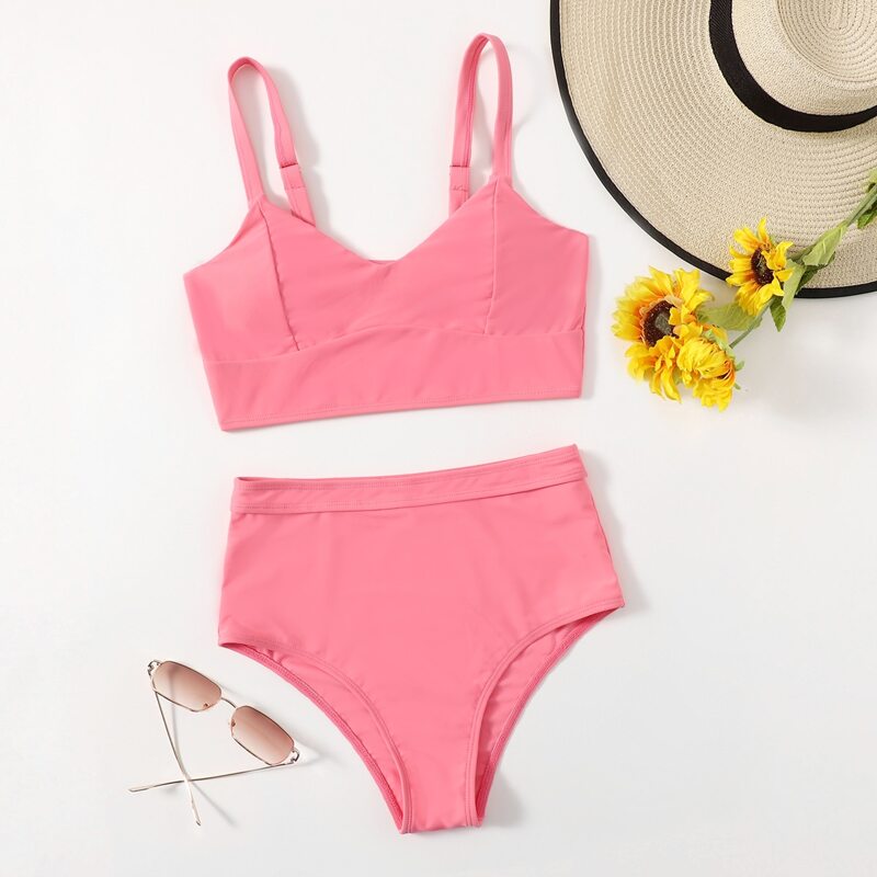 

Solid High Waist Bikini Swimsuit, Watermelon pink