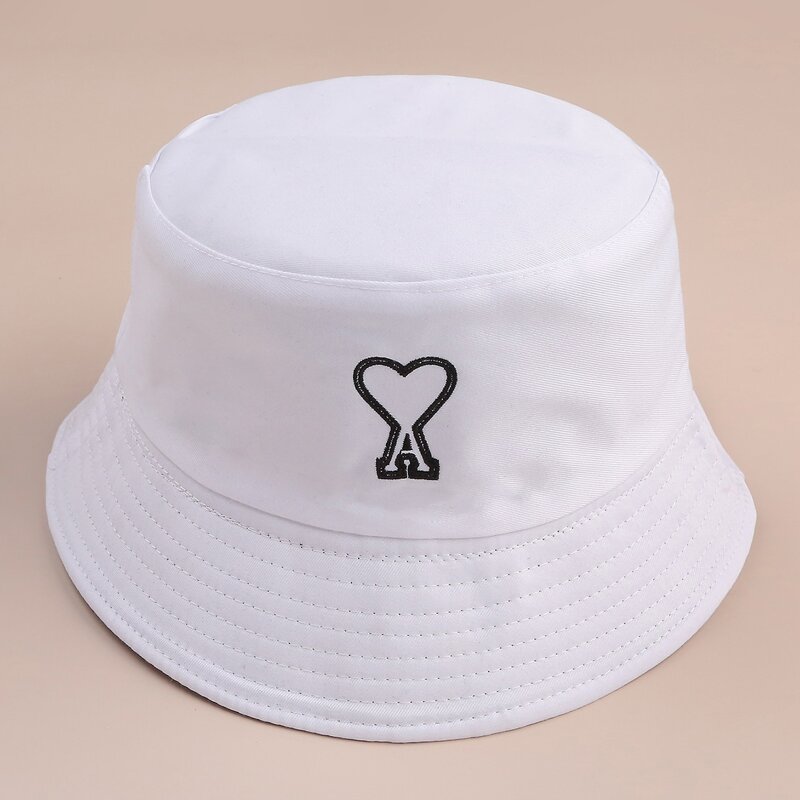 

Heart Embroidery Reversible Bucket Hat, White