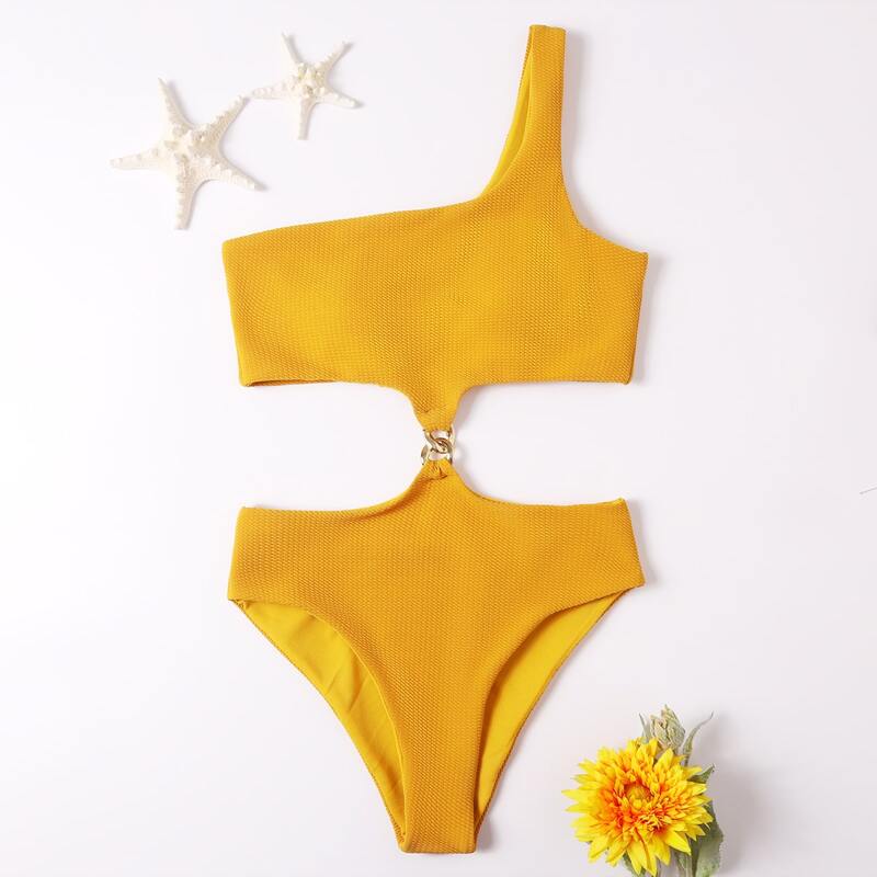 

Solid One Shoulder Cut Out Chain Decor One Piece Swimsuit, Mustard yellow